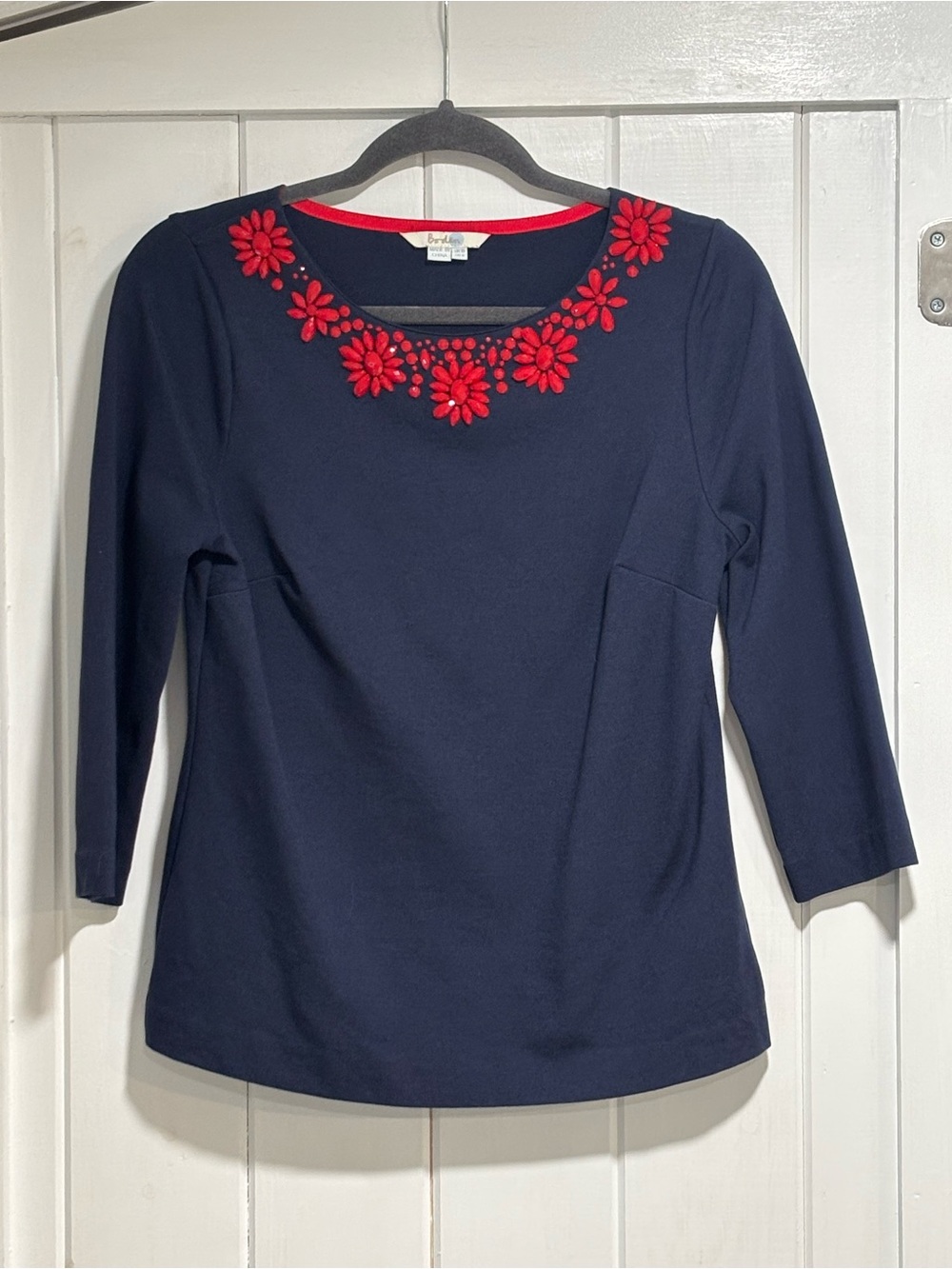 Boden Navy Top with Red Floral Neckline